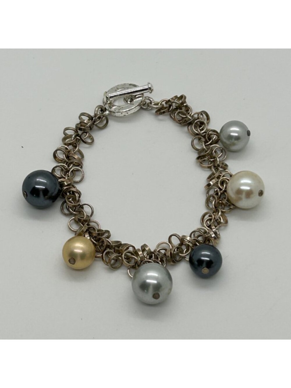 Vintage Silver Tone Chunky Chain Toggle Bracelet Multi-Color Faux Pearl Charms - Picture 9 of 10